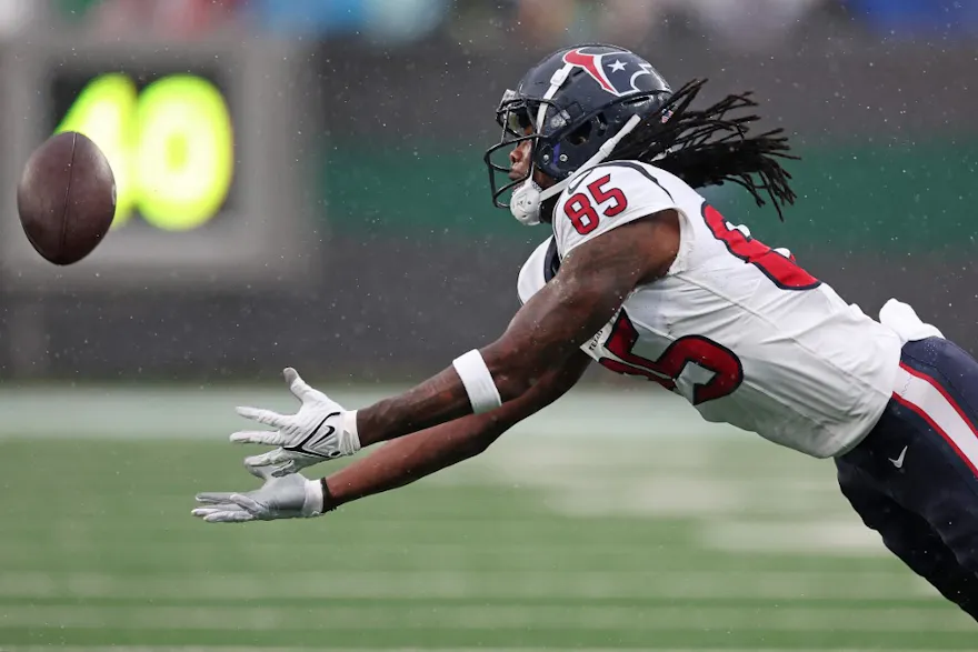 Noah Brown #85 of the Houston Texans attempts to make a catch as we look at our Titans vs. Texans Week 17 NFL player prop predictions