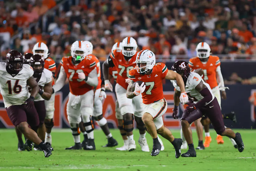 Miami wide receiver Xavier Restrepo runs with the football against Virginia Tech. We're backing Restrepo in our Miami vs. California player prop bet.