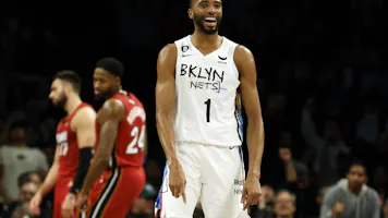 Mikal Bridges of the Brooklyn Nets reacts during the second half against the Miami Heat at Barclays Center.