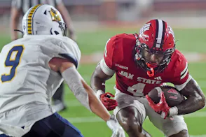 Pictured: Jacksonville State's Cam Cook against Murray State as we offer our Jacksonville State vs. Middle Tennessee Prediction.