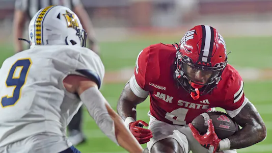 Pictured: Jacksonville State's Cam Cook against Murray State as we offer our Jacksonville State vs. Middle Tennessee Prediction.