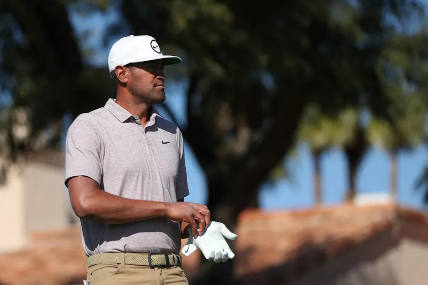 Tony Finau of the United States looks on from the fifth tee during the third round of The American Express at PGA West Pete Dye Stadium Course on January 21, 2023 in La Quinta, California.