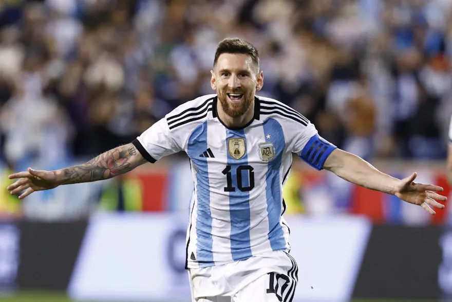 Argentina's Lionel Messi celebrates his goal during the international friendly football match between Argentina and Jamaica at Red Bull Arena in Harrison, New Jersey, on September 27, 2022.
