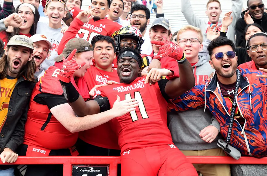 Ruben Hyppolite II of the Maryland Terrapins celebrates with fans after a 38-35 victory against the Indiana Hoosiers at Capital One Field as we look at the Maryland June numbers.
