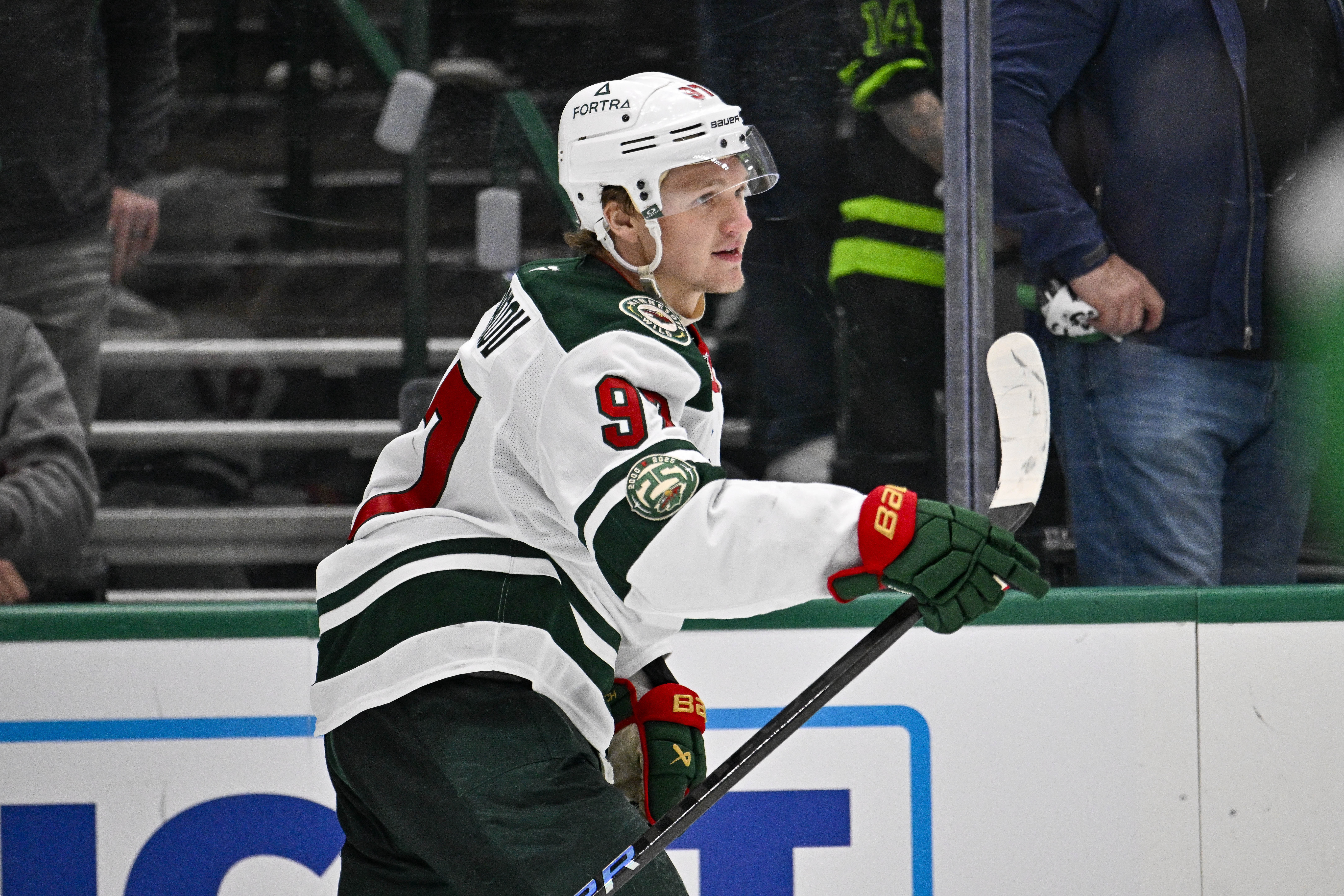 Minnesota Wild winger Kirill Kaprizov (97) reacts after scoring as we offer our NHL player props today.
