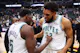 Karl-Anthony Towns (32) and Anthony Edwards (5) of the Minnesota Timberwolves react after winning Game 7 against the Denver Nuggets, as we offer our best Mavericks vs. Timberwolves player props for Game 1 at Target Center on Wednesday.