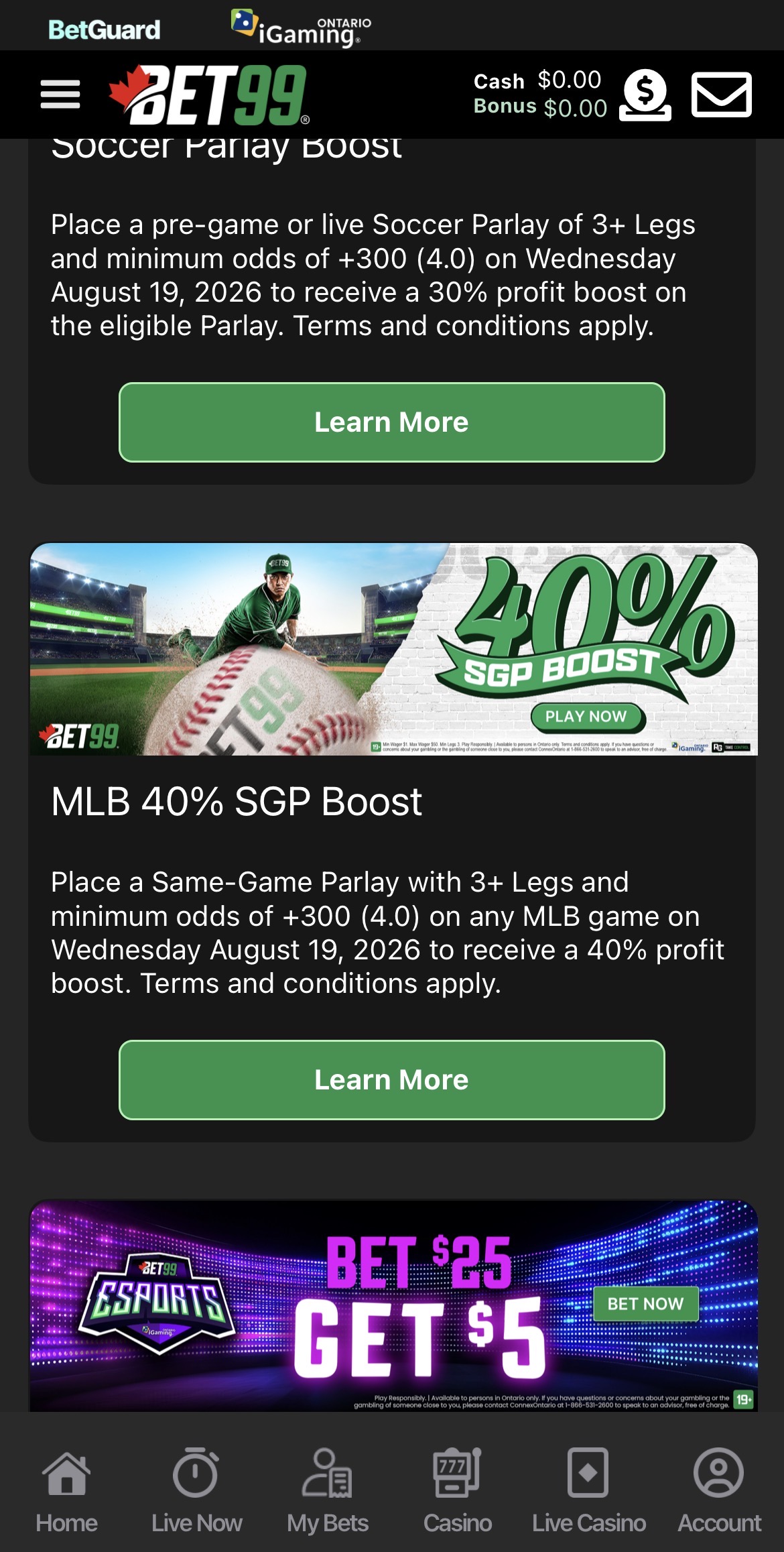BET99 app promos page showing a soccer parlay boost, MLB parlay boost, and Esports bet and get offer.