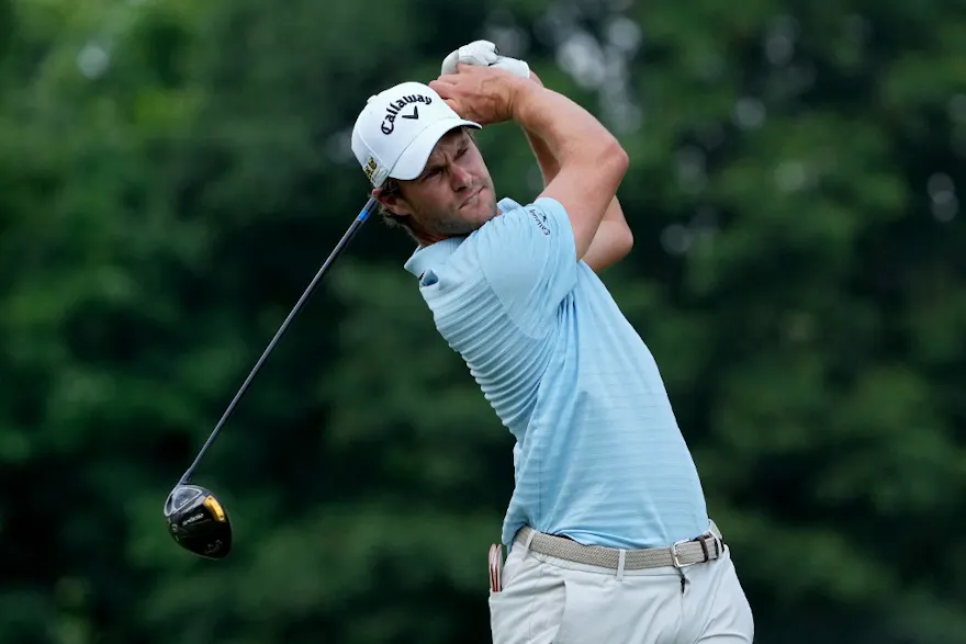 Thomas Detry of Belgium plays his shot from the second tee during the first round of the Nationwide Children's Hospital Championship.