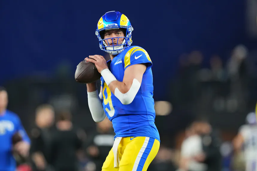 Los Angeles Rams quarterback Matthew Stafford practices before the NFC wild-card game as we look at our Rams vs. Eagles prediction.