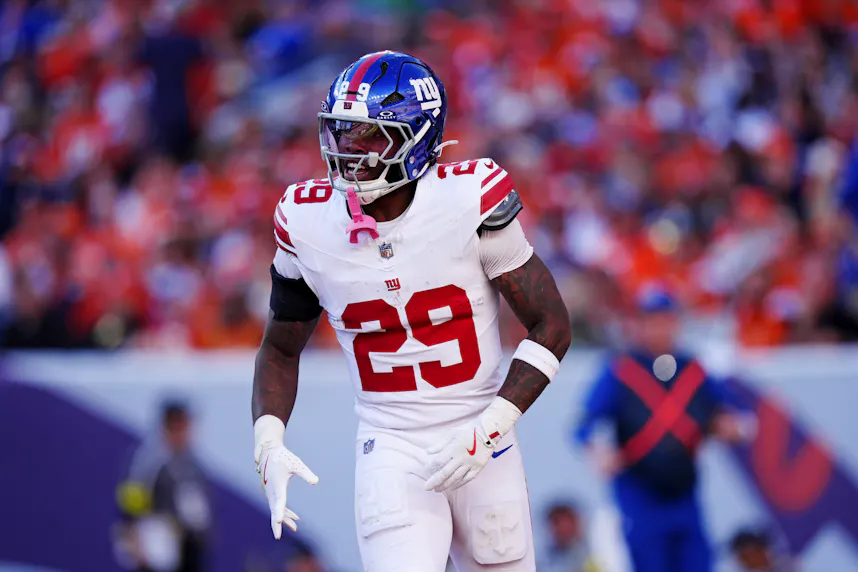 New York Giants running back Tyrone Tracy Jr. (29) reacts as part of our NFL Best Bets for Week 9, Our Expert Picks, ATS Predictions & Player Props.