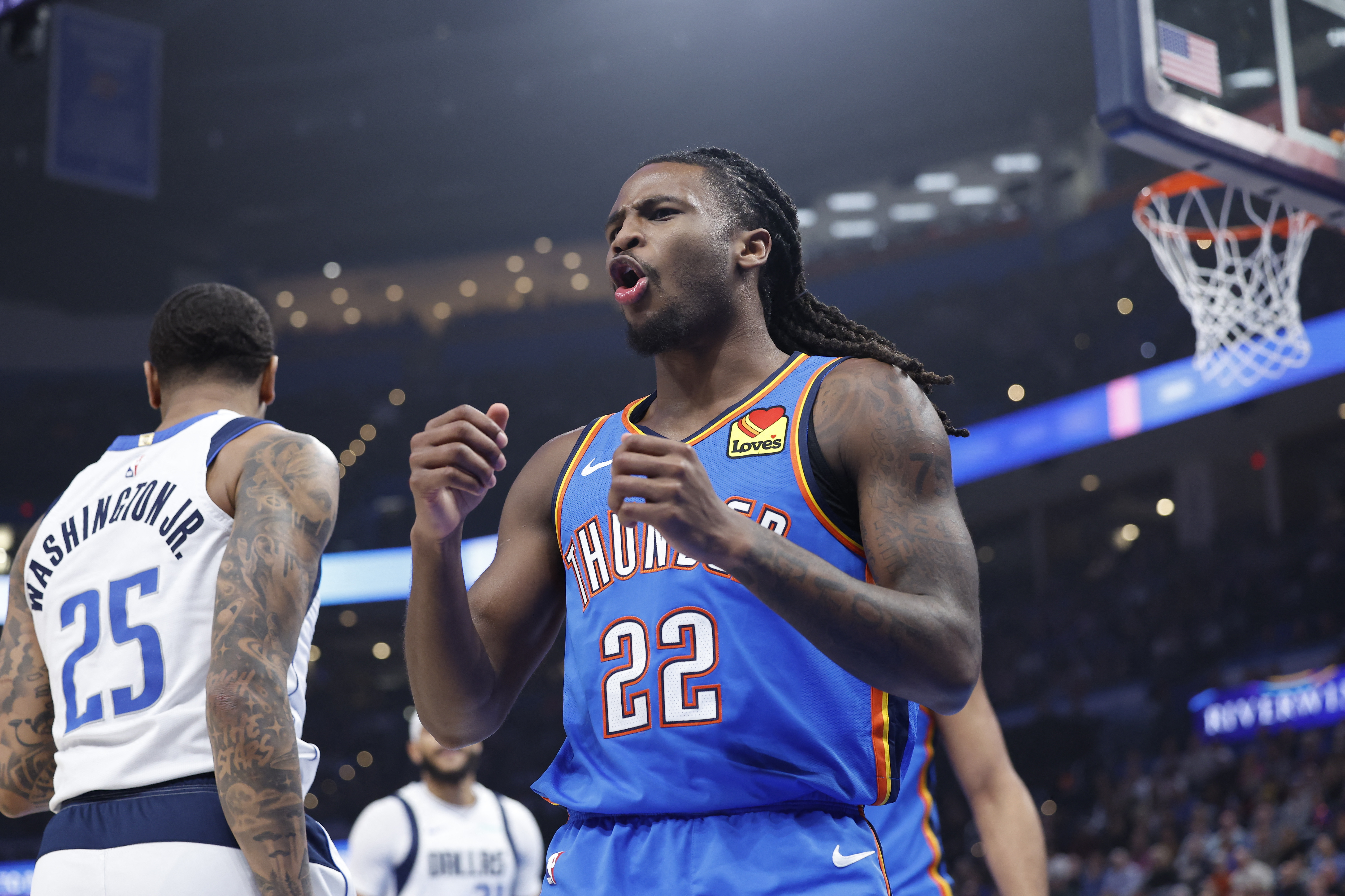 Oklahoma City Thunder guard Cason Wallace (22), seen here reacting to an official's call, is featured in our Thunder vs. Pistons player props today.