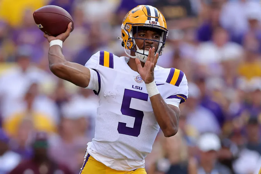 Jayden Daniels of the LSU Tigers throws the ball during the first half of a game against the Mississippi State Bulldogs at Tiger Stadium.