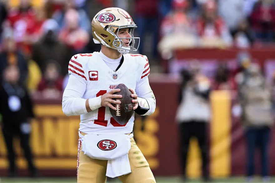 Brock Purdy #13 of the San Francisco 49ers looks to pass during the second quarter as we look at our best Brock Purdy NFL player props for the Packers vs. 49ers Divisional Round