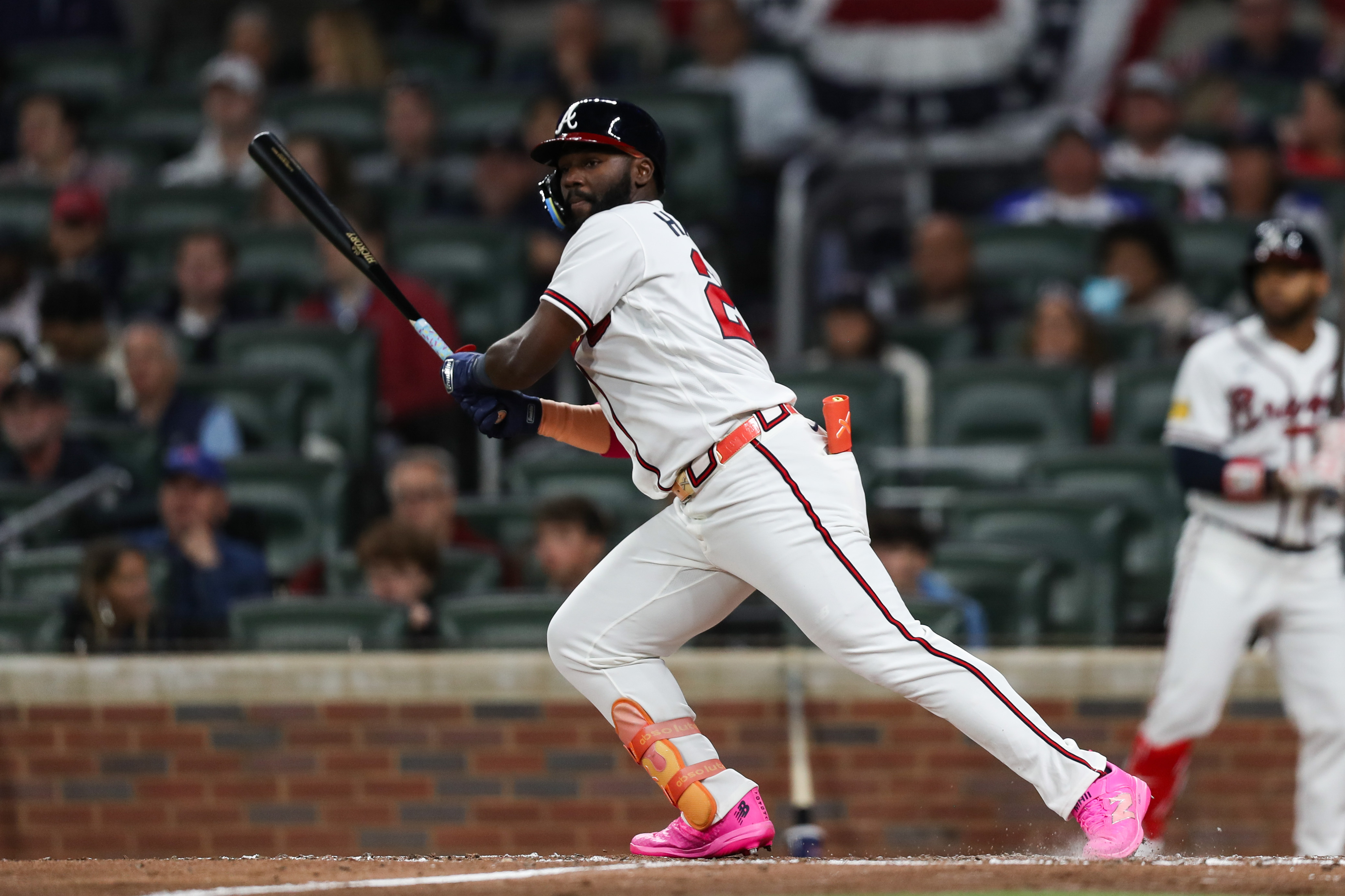 Atlanta Braves center fielder Michael Harris II (23) hits a double against the Kansas City Royals in the fifth inning at Truist Park.
