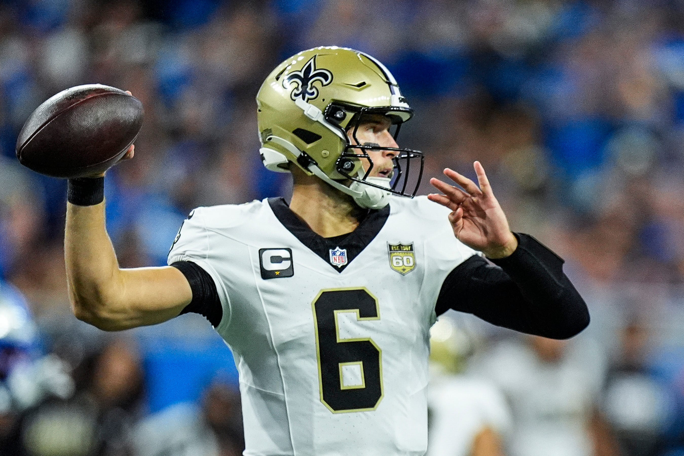 New Orleans Saints quarterback Tyler Shough (6) makes a pass as we break down our Saints vs. Ravens prediction.