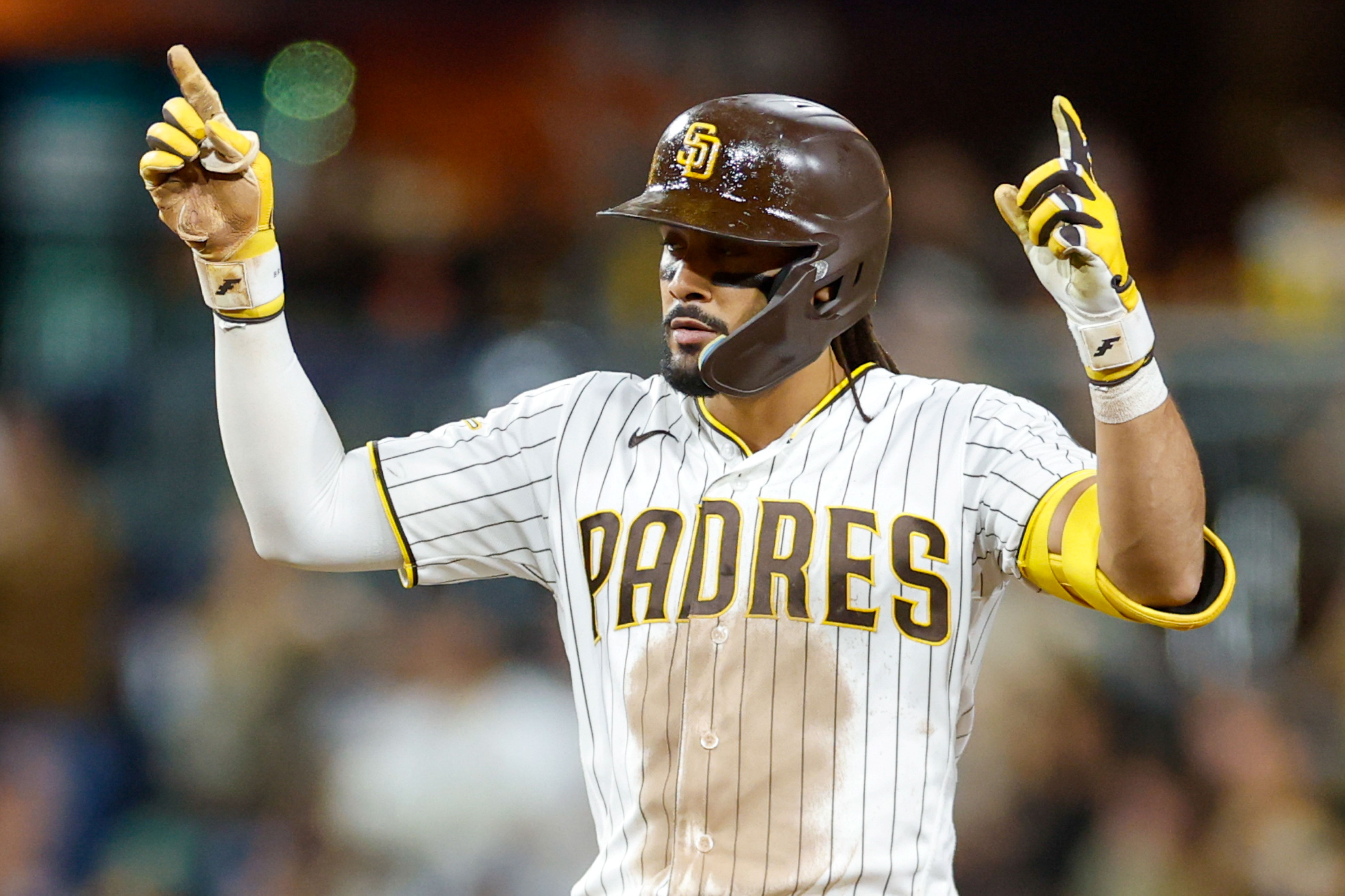 San Diego Padres second baseman Fernando Tatis Jr. celebrates after hitting a double, and he's featured in my home run predictions today.