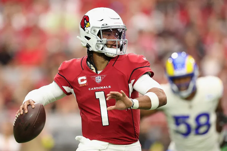 Quarterback Kyler Murray of the Arizona Cardinals looks to pass against the Los Angeles Rams at State Farm Stadium on Sept 25, 2022 in Glendale, Arizona