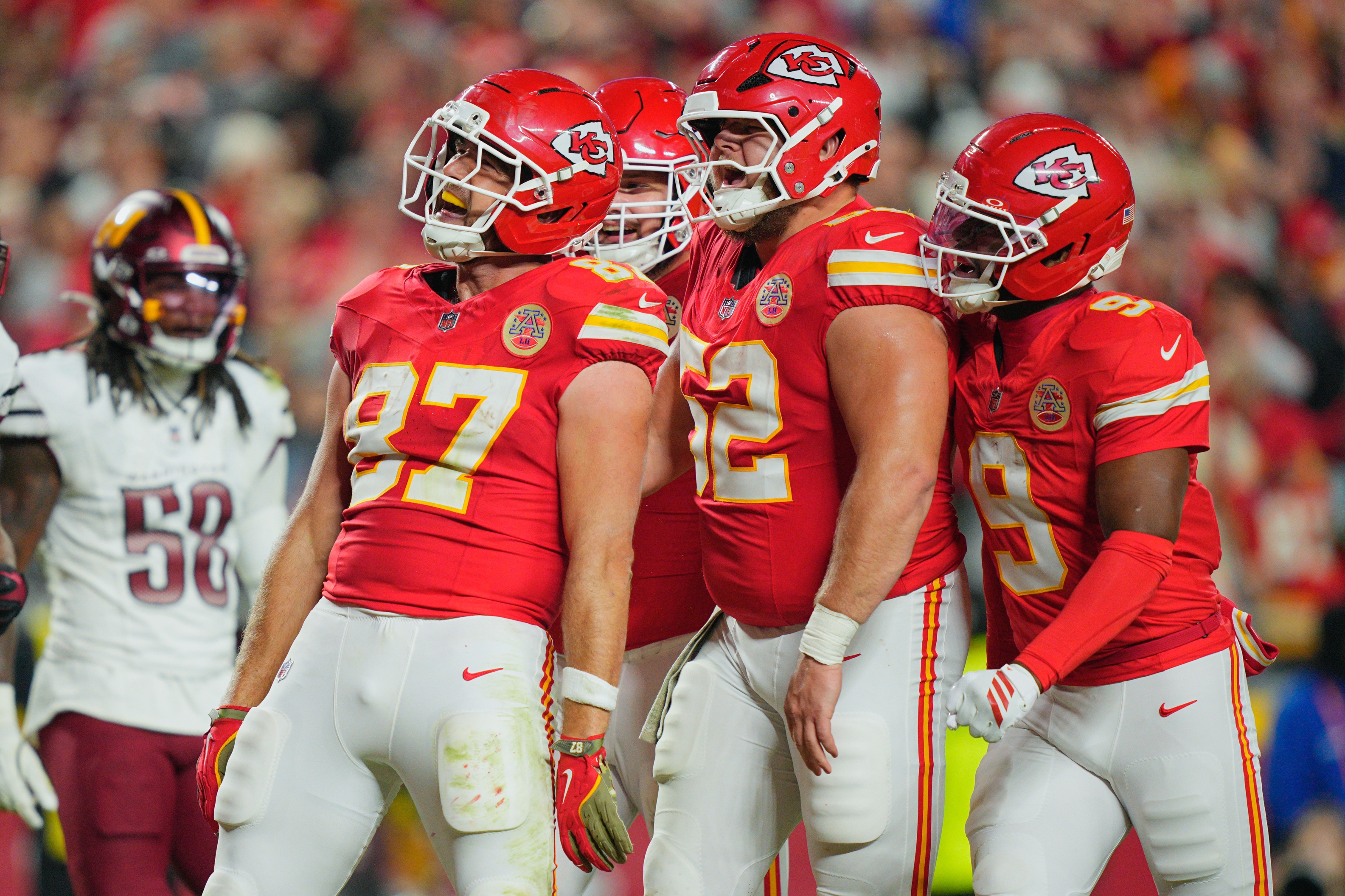 Kansas City Chiefs tight end Travis Kelce celebrates after scoring a touchdown as we look at projections for the first year of legal Missouri sports betting. 