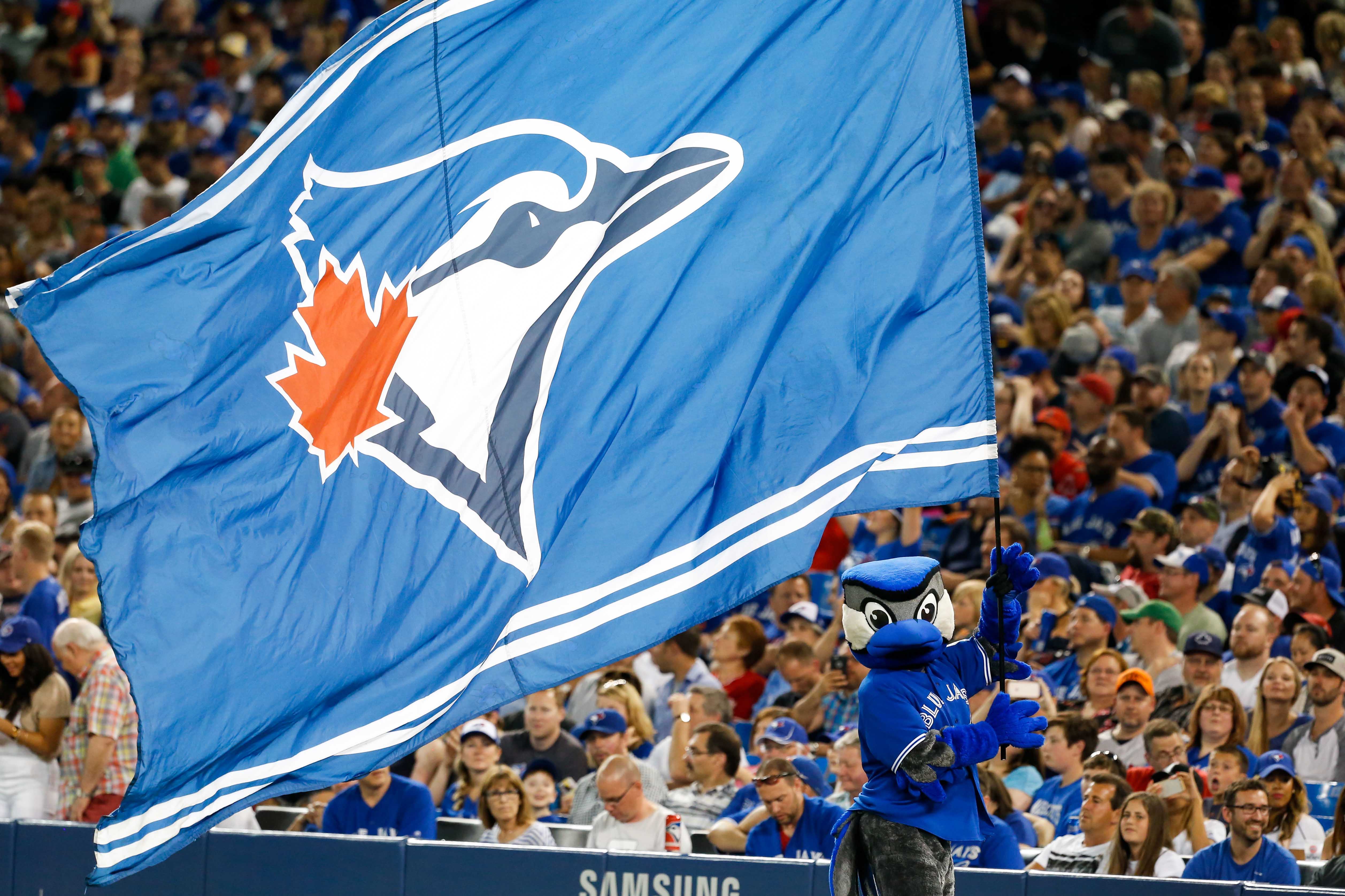 Toronto Blue Jays mascot Ace waves a Blue Jays flag as we look at Ontario iGaming revenue for June.