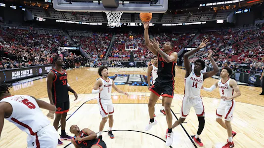 Keshad Johnson of the San Diego State Aztecs shoots against the Alabama Crimson Tide during the Sweet 16 round of the NCAA Men's Basketball Tournament at KFC YUM! Center on Mar. 24, 2023 in Louisville, Kentucky.