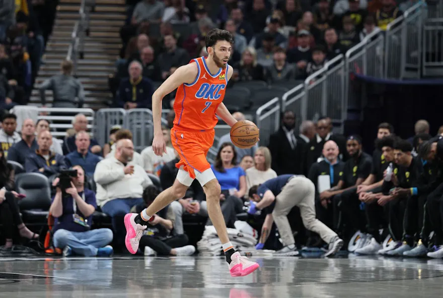 Chet Holmgren #7 of the Oklahoma City Thunder dribbles the ball as we look at our NBA player props & expert picks for April 21