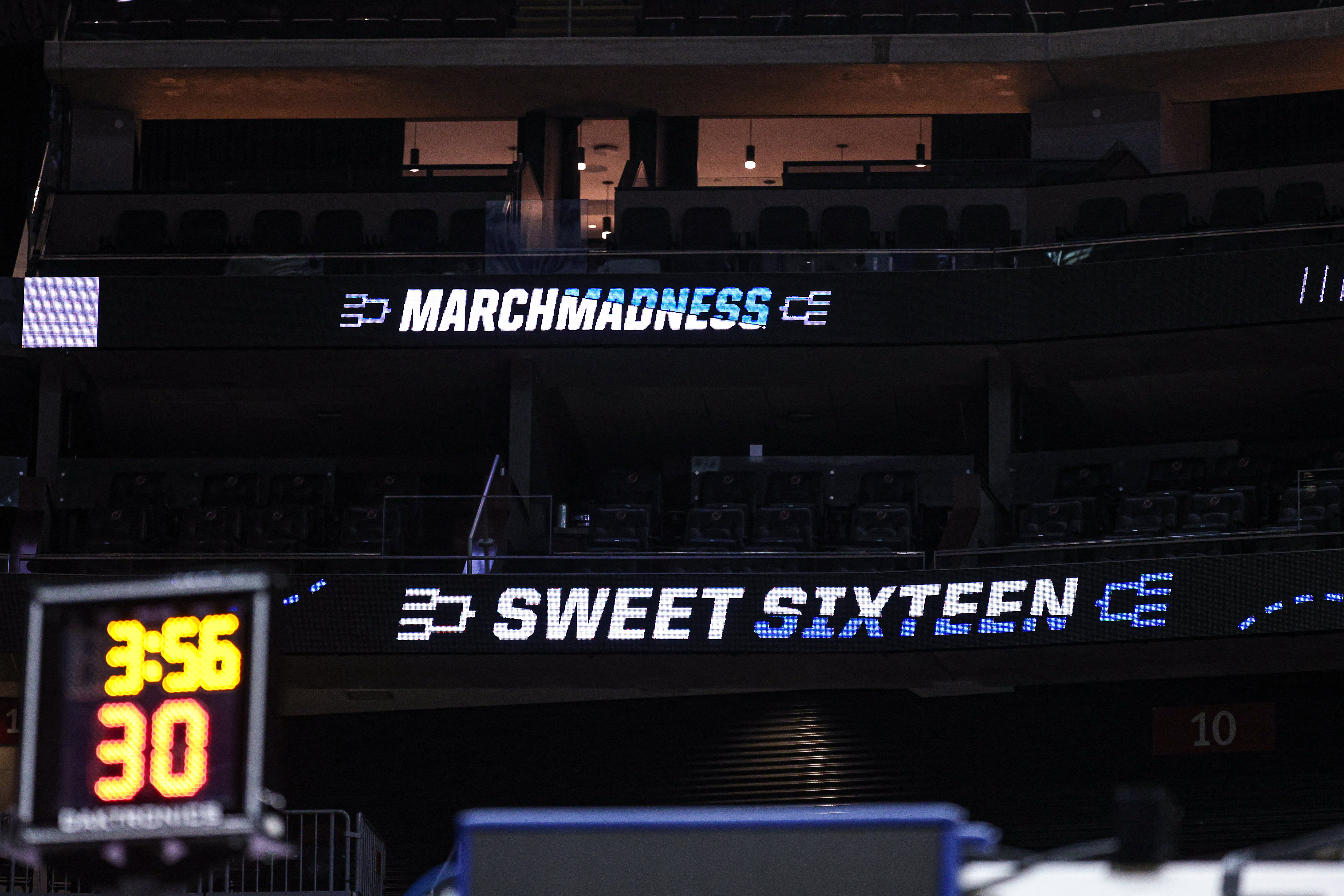 General view of an NCAA March Madness logo on an electronic banner as we look at the best FREE March Madness bracket contests and challenges today