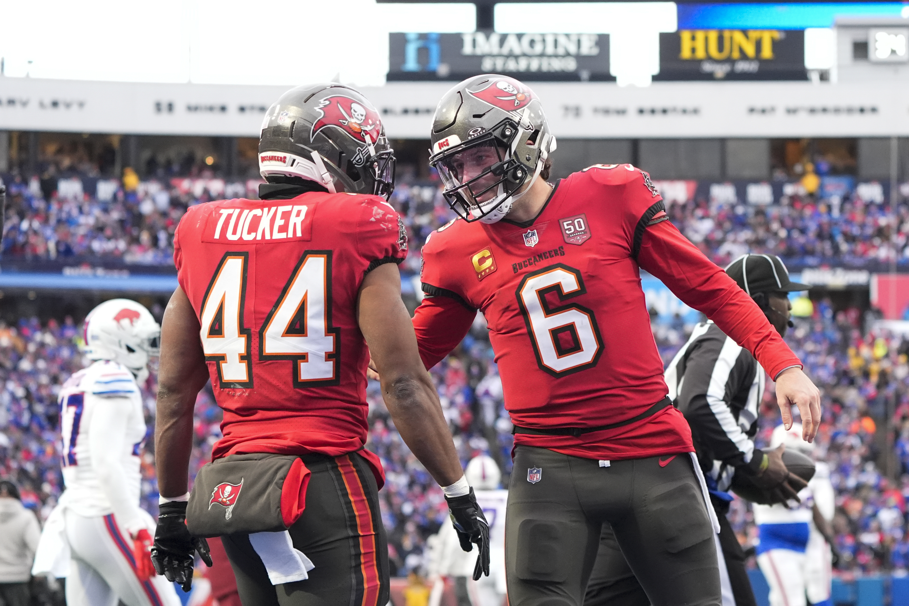 Tampa Bay Buccaneers running back Sean Tucker (44) celebrates a touchdown as we break down our Buccaneers vs. Panthers player props.