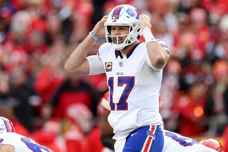 Josh Allen #17 of the Buffalo Bills reacts during the first half of the game against the Kansas City Chiefs as we look at the Week 15 odds.
