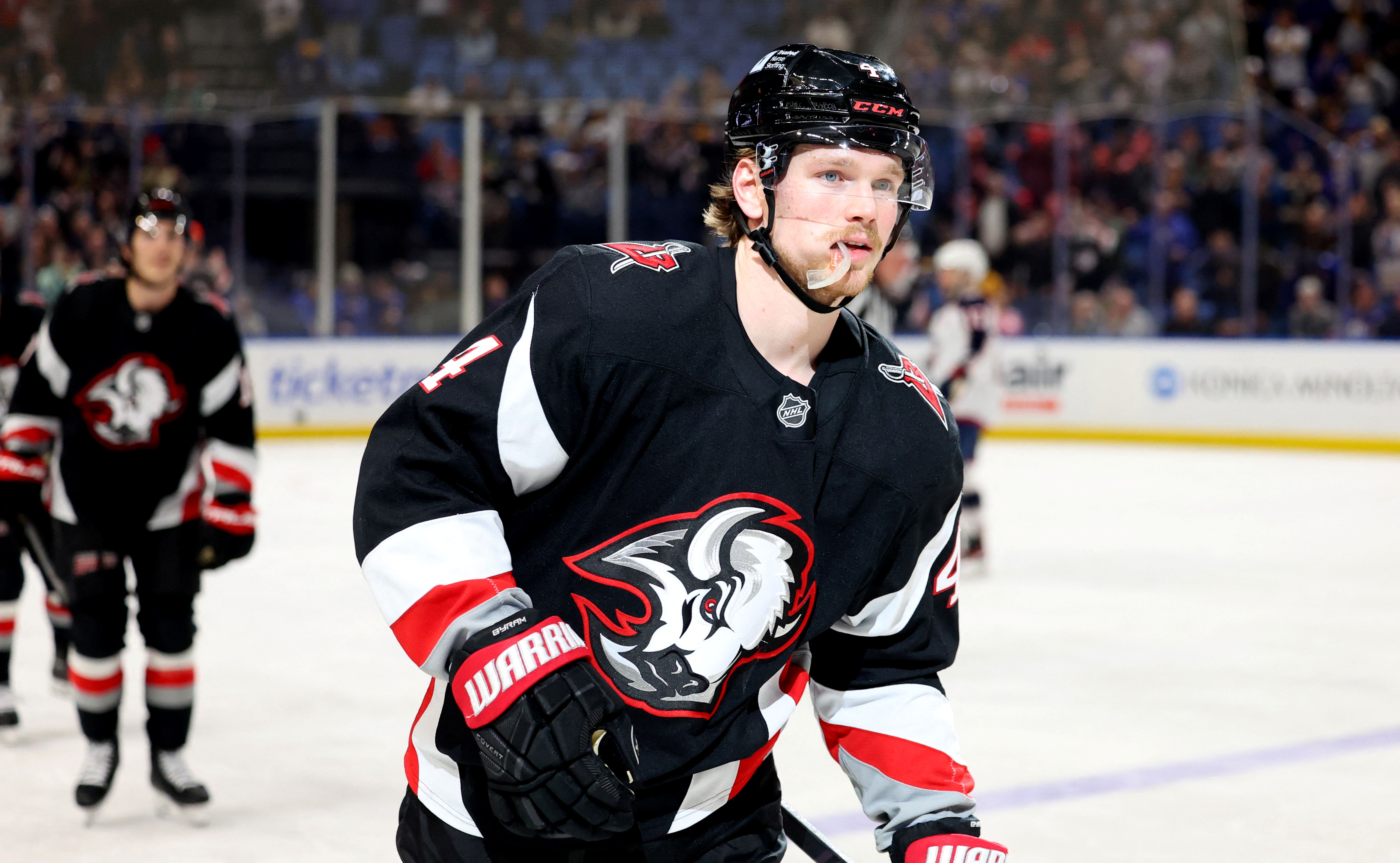 Buffalo Sabres defenseman Bowen Byram celebrates a goal, and he's key as we look at our Bruins vs Sabres prediction.