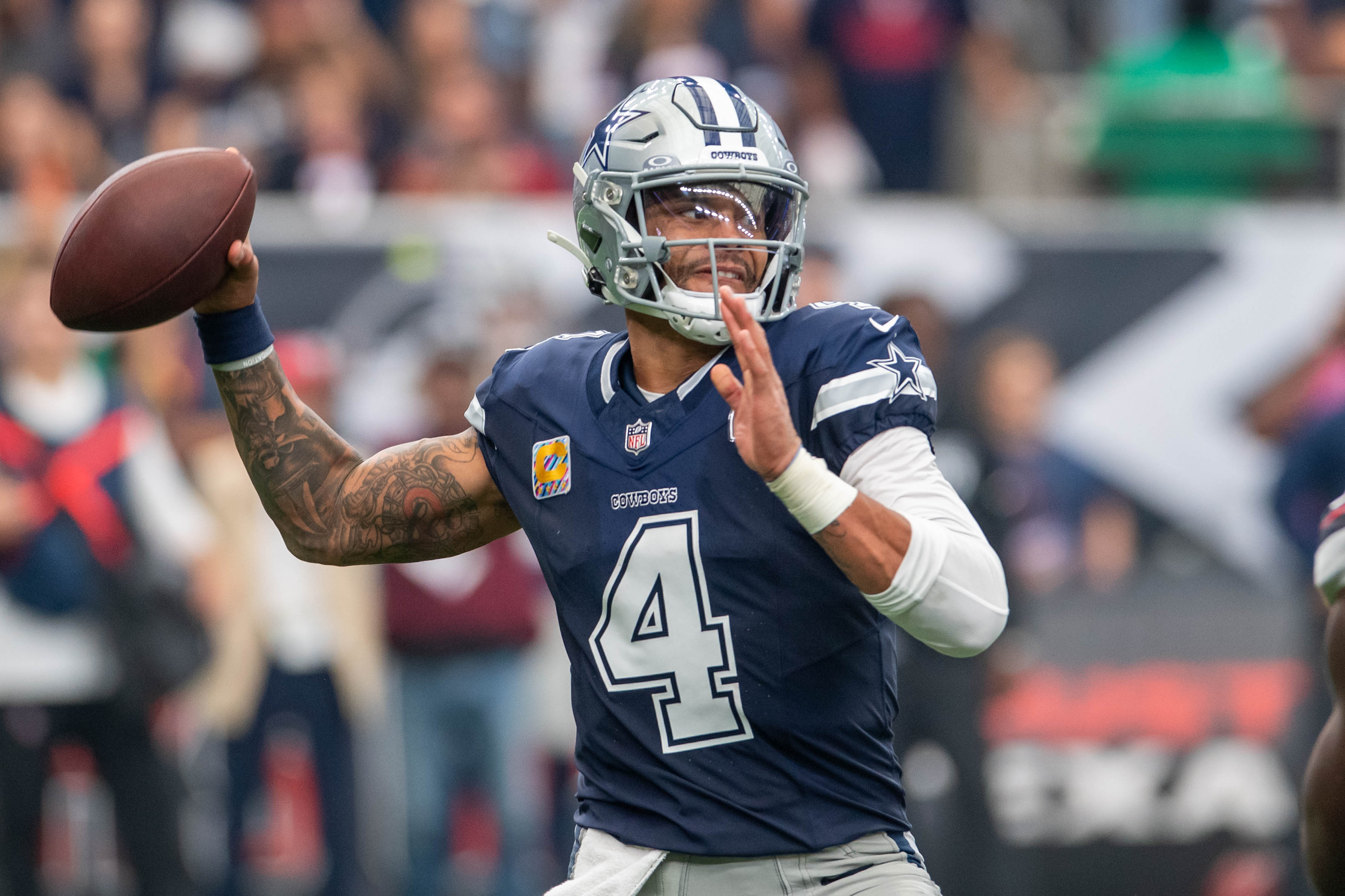 Dallas Cowboys quarterback Dak Prescott (4) throws a pass as we break down our Cowboys vs. Eagles prediction.