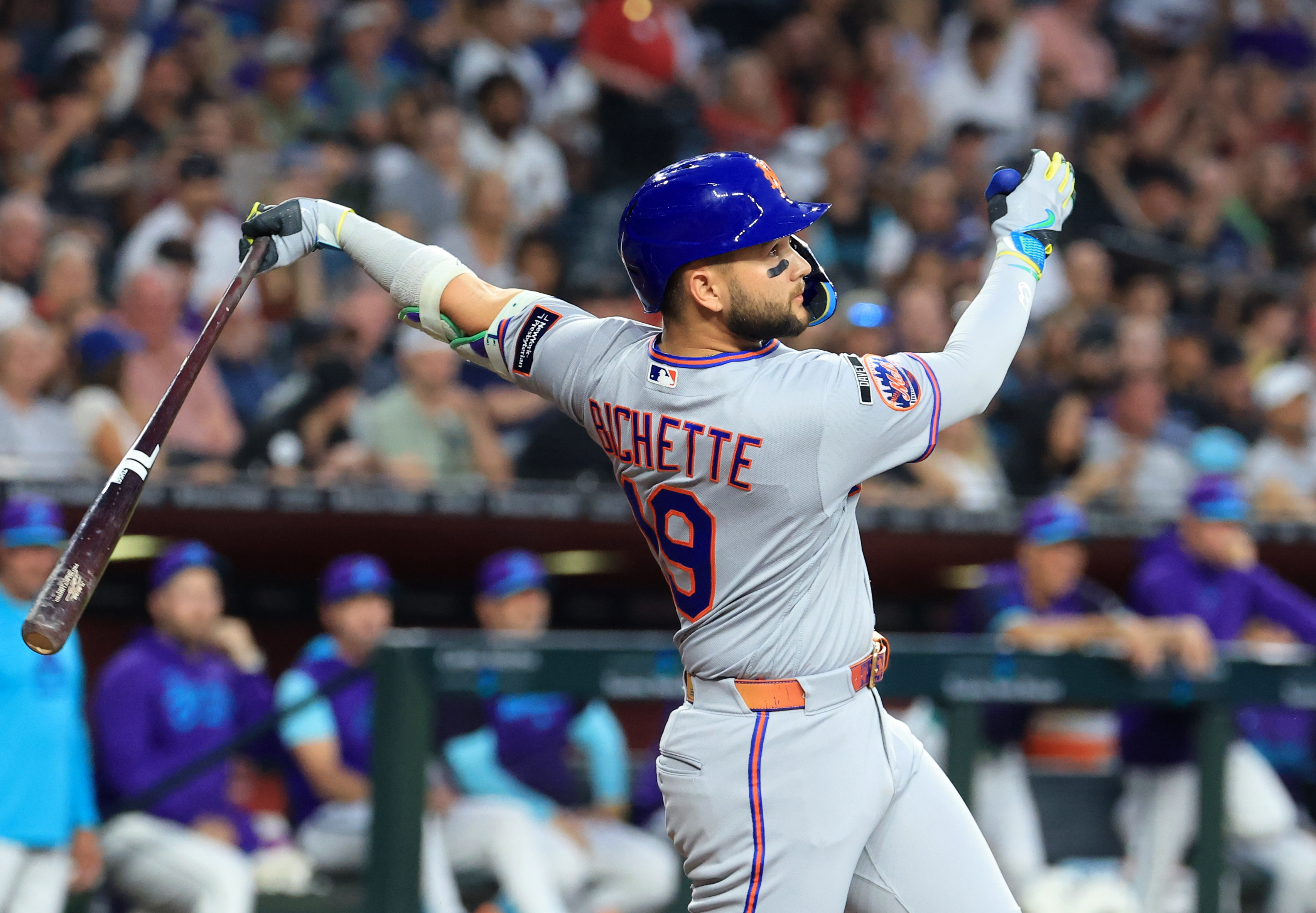  New York Mets shortstop Bo Bichette - who's featured in my Tigers vs. Mets prediction - swings. 