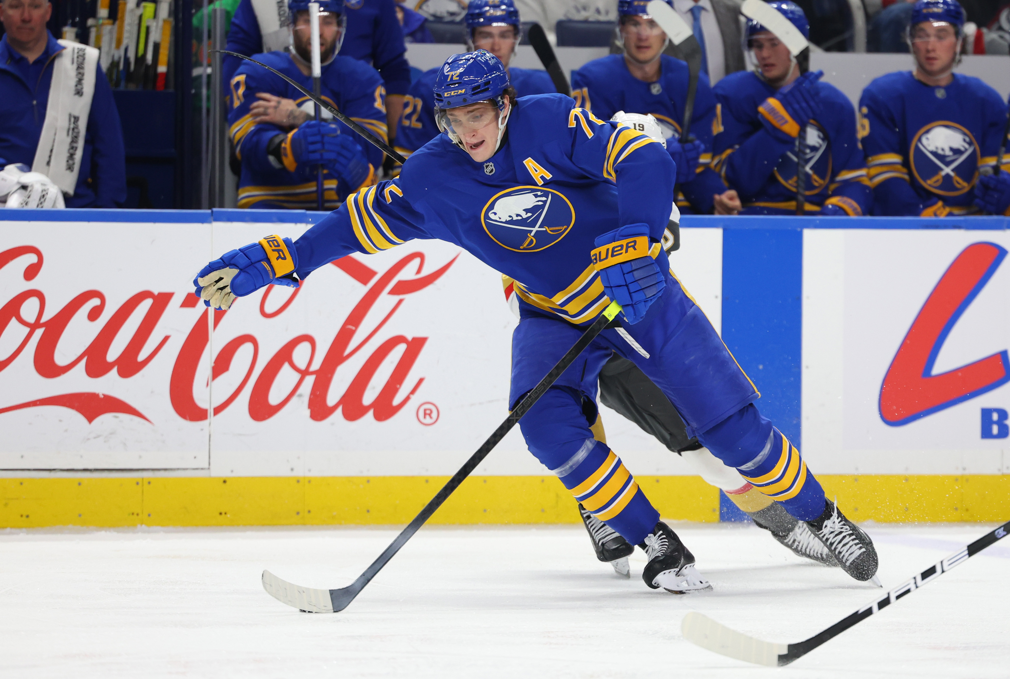 Buffalo Sabres center Tage Thompson (72) controls the puck as we break down our NHL anytime goal scorer predictions today.
