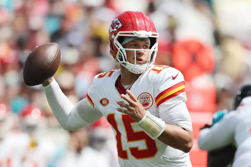 Patrick Mahomes of the Kansas City Chiefs throws a pass against the Jacksonville Jaguars, and we offer new U.S. bettors our exclusive BetRivers promo code.