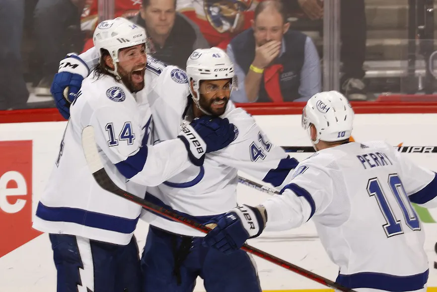Tampa Bay Lightning players celebrate goal in the third period against the Florida Panthers in Game 1 of the second round of the 2022 NHL Stanley Cup Playoffs.