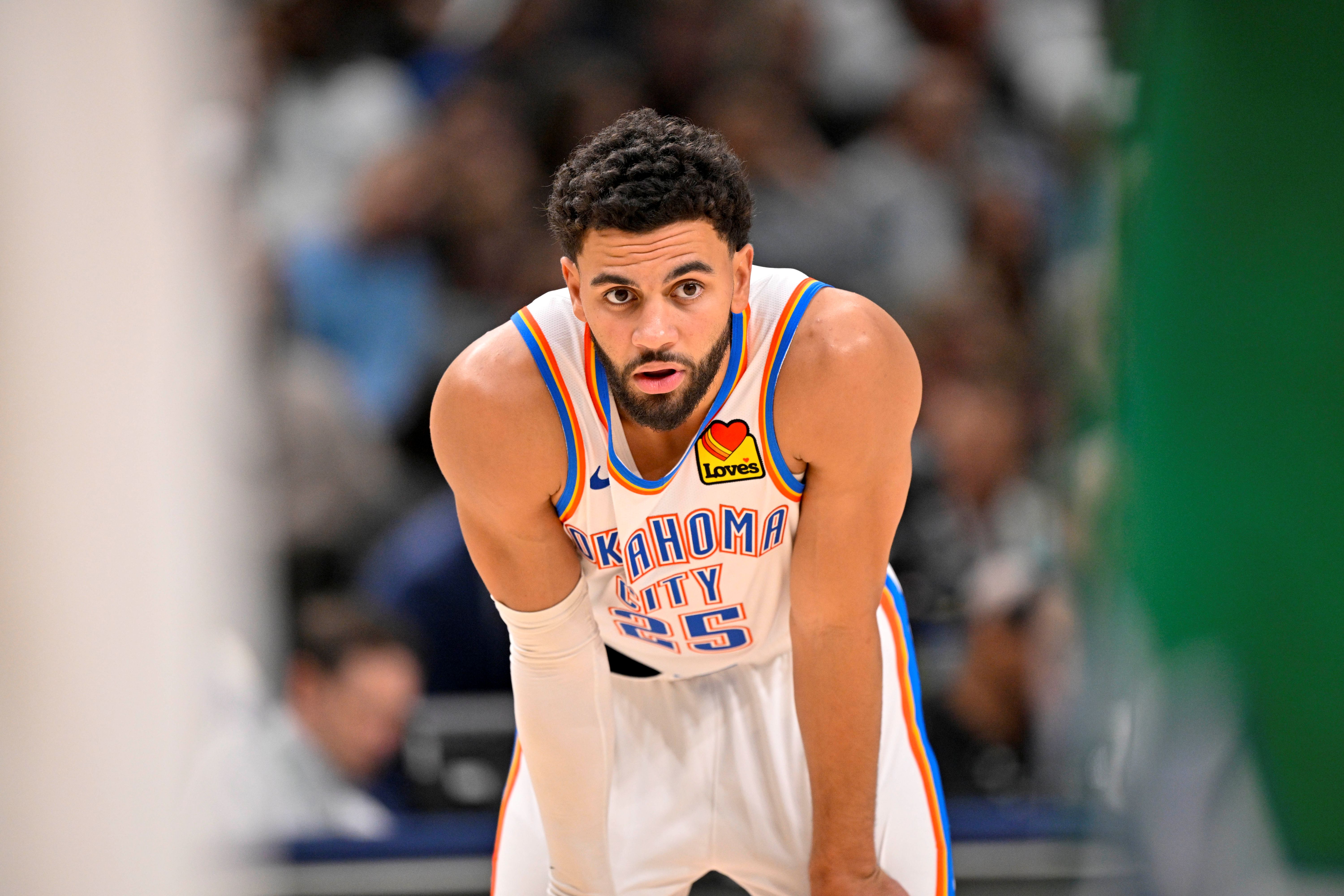 Oklahoma City Thunder guard Ajay Mitchell looks on, and he's key as we look at our Knicks vs. Thunder player props.