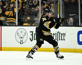 Jake DeBrusk of the Boston Bruins reacts after a goal against the Toronto Maple Leafs, and we offer our top Maple Leafs vs. Bruins expert picks based on the best NHL odds.