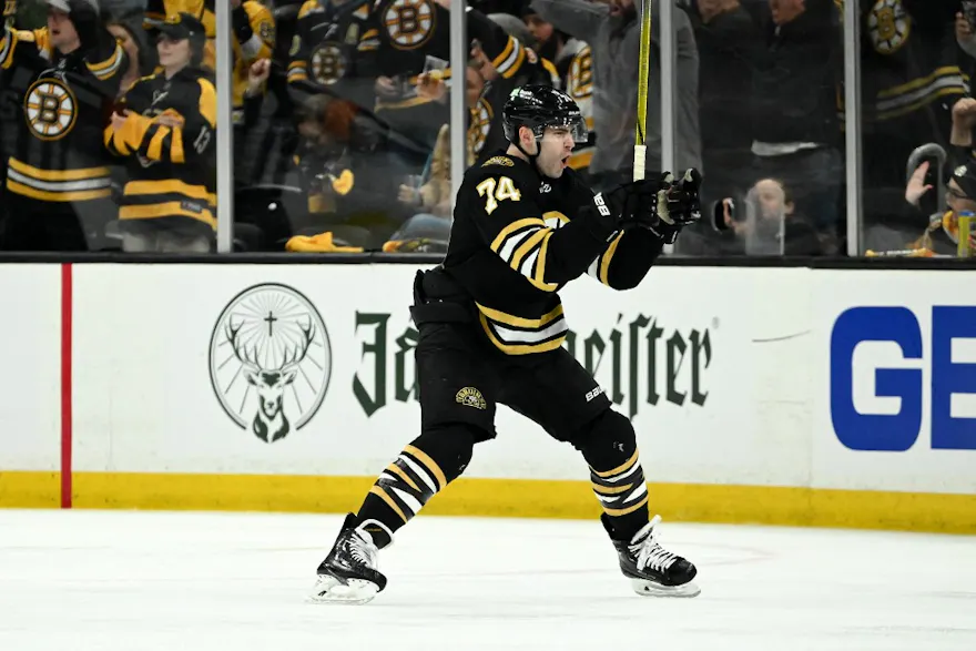 Jake DeBrusk of the Boston Bruins reacts after a goal against the Toronto Maple Leafs, and we offer our top Maple Leafs vs. Bruins expert picks based on the best NHL odds.