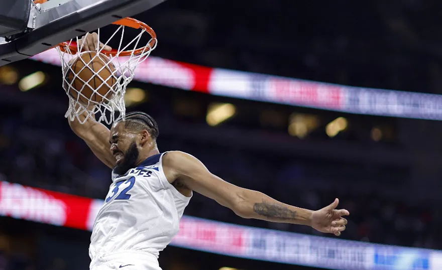 Karl-Anthony Towns of the Minnesota Timberwolves dunks during a game against the Orlando Magic at Amway Center on November 16, 2022 in Orlando, Florida.