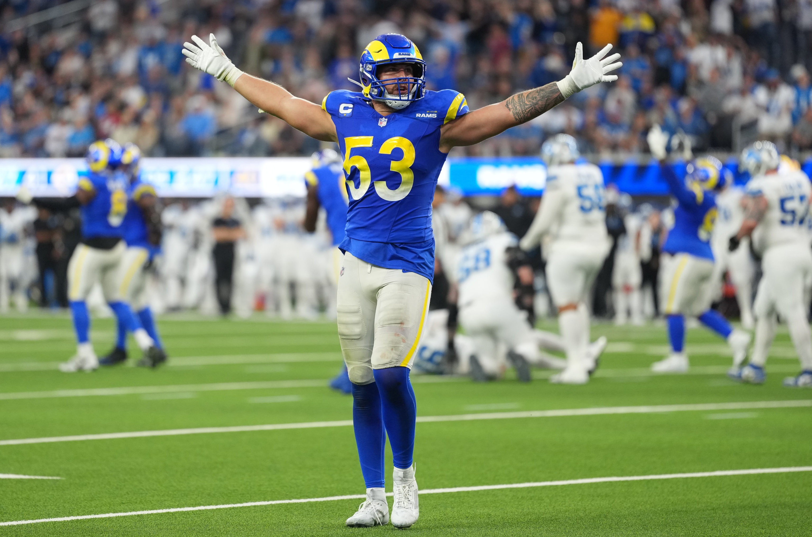 Los Angeles Rams linebacker Nate Landman celebrates after as we look at the Week 16 odds. 