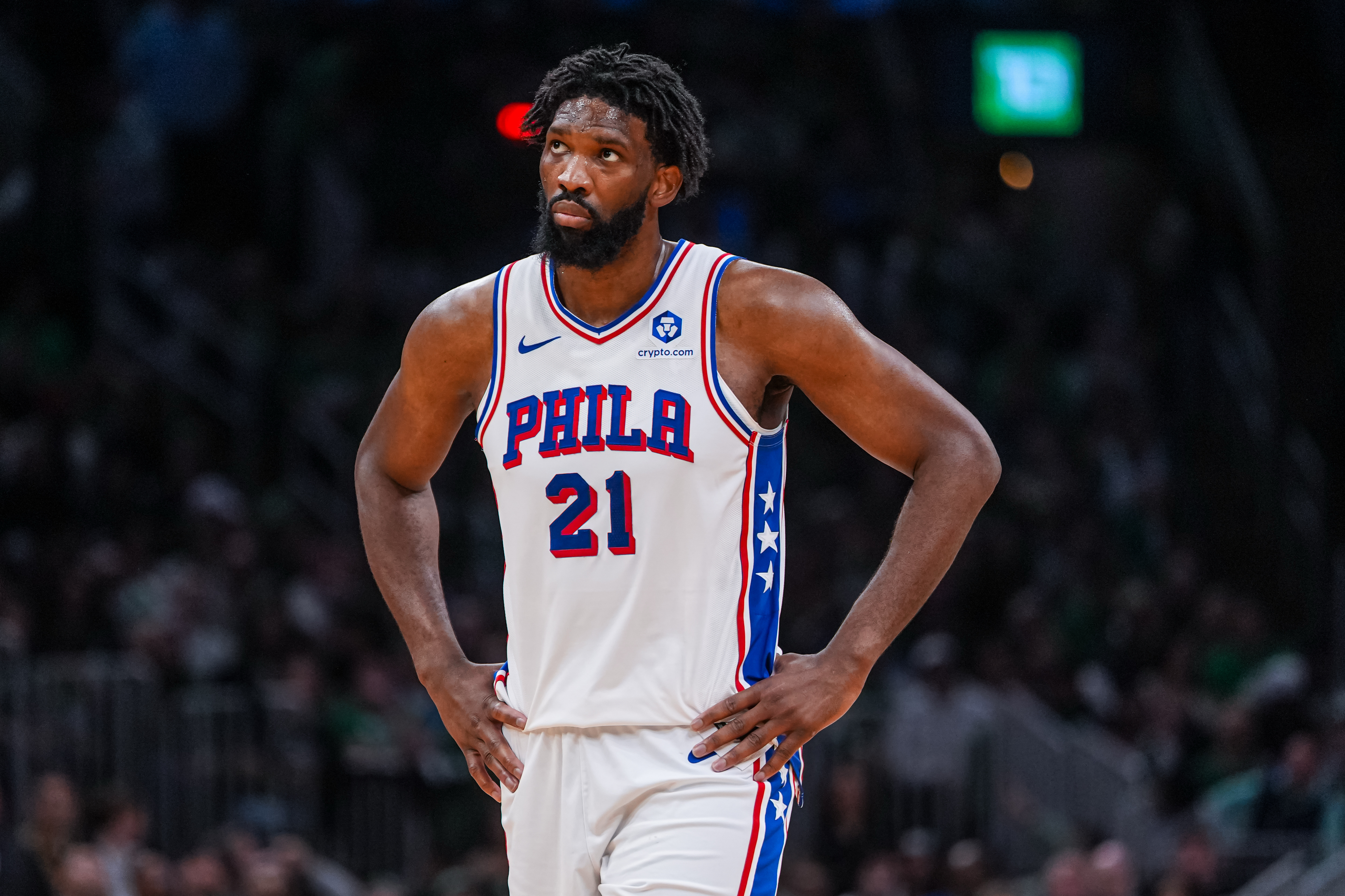 Philadelphia 76ers center Joel Embiid (21), seen here looking on during a game, is featured in our Celtics vs. 76ers player props for Game 6 today.