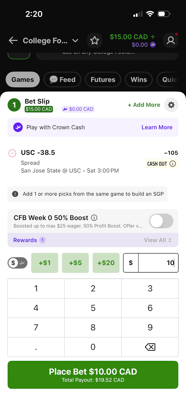 DraftKings Sportsbook betslip for San Jose State @ USC with no promo boost applied.