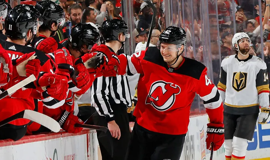 Curtis Lazar #42 of the New Jersey Devils celebrates as we look at the New Jersey revenue report for January sports betting.