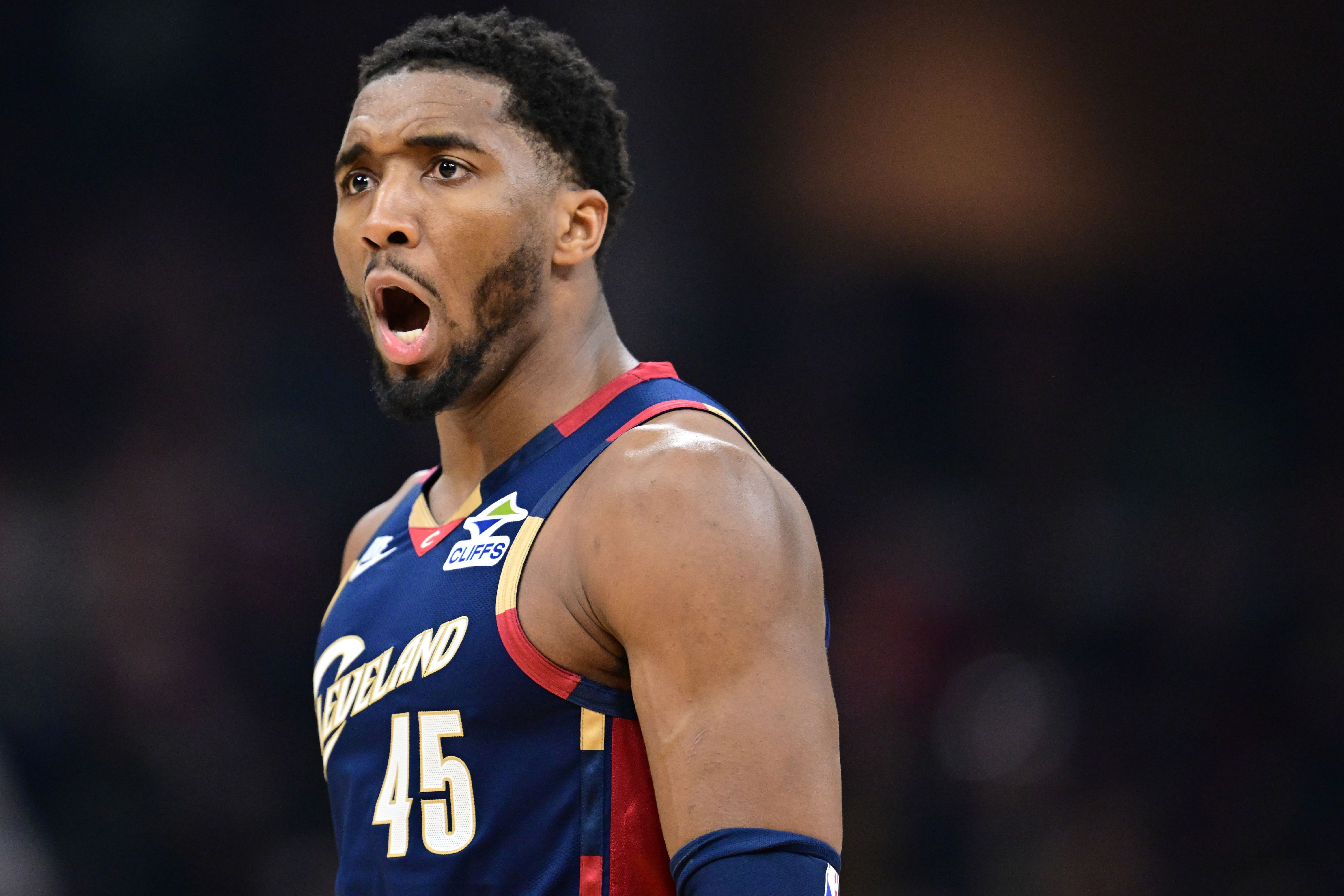 Cleveland Cavaliers guard Donovan Mitchell (45) reacts as we break down our Raptors vs. Cavaliers player props for Game 7 today.