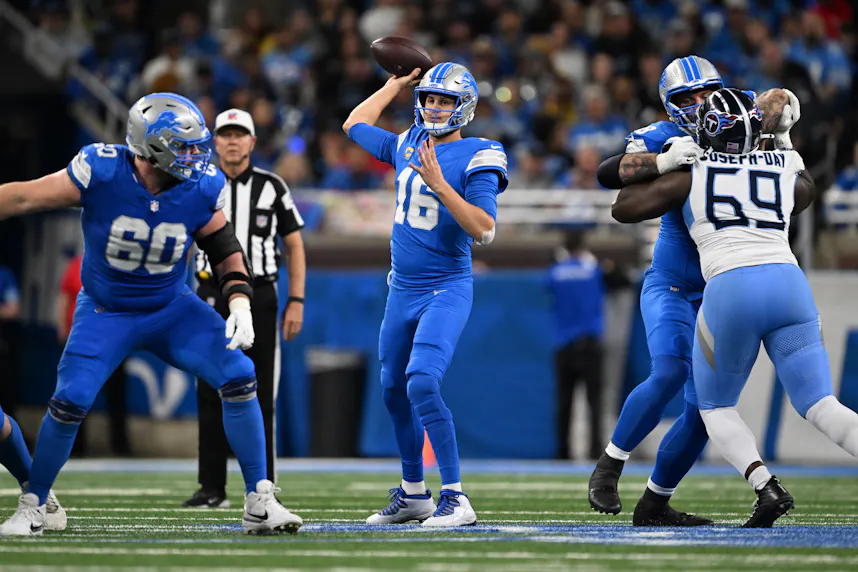 Detroit Lions quarterback Jared Goff (16) throws a pass as make our NFL picks against the spread for Week 9.