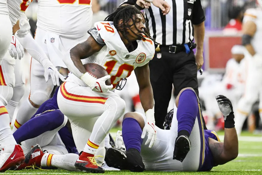 Isiah Pacheco #10 of the Kansas City Chiefs loses his helmet as we look at our best Broncos vs. Chiefs parlay