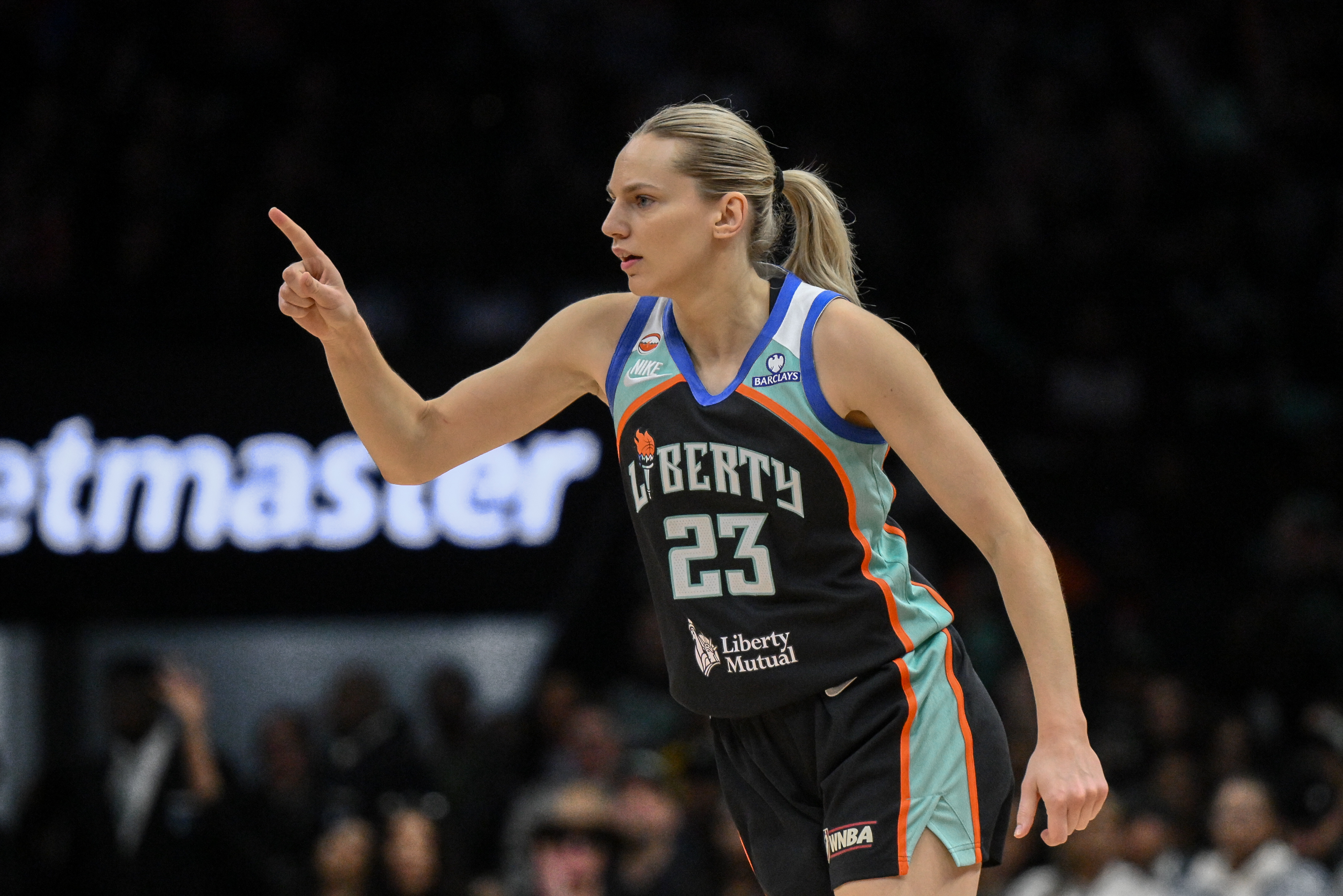 New York Liberty guard Marine Johannes (23) reacts as we break down our Liberty vs. Sky prediction.
