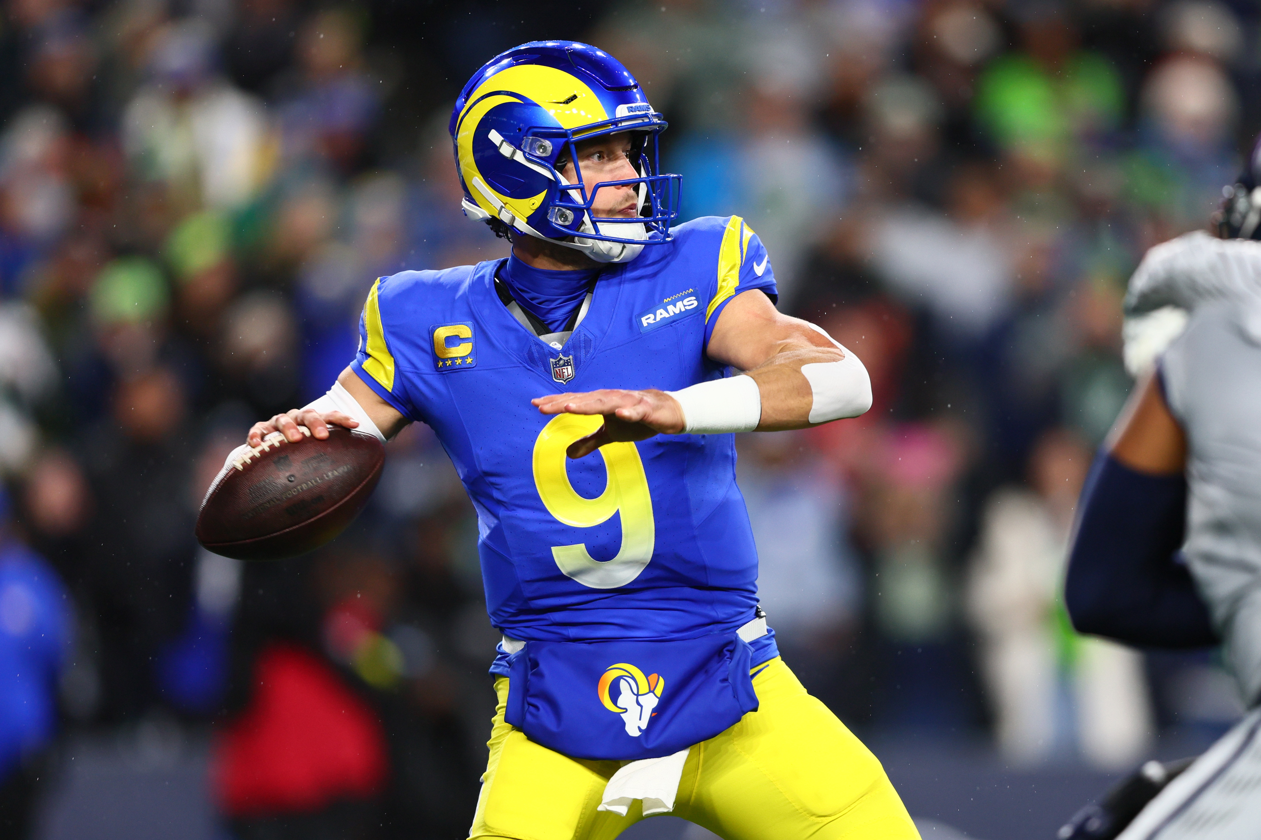Los Angeles Rams quarterback Matthew Stafford (9) looks to throw as we offer our Rams vs. Falcons predictions for Monday Night Football.