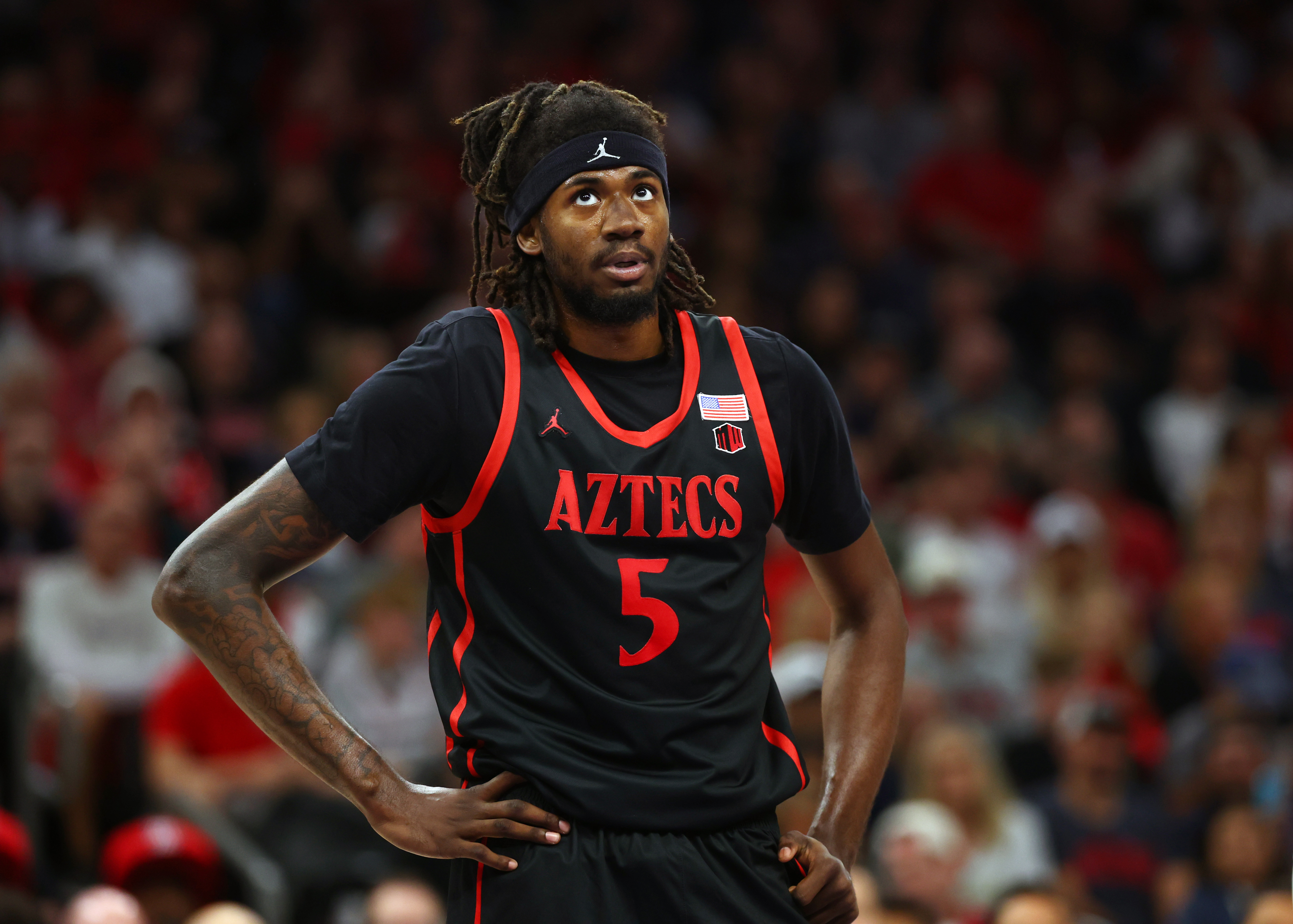 San Diego State Aztecs forward Pharaoh Compton reacts as we make our best San Diego State vs. Utah State prediction