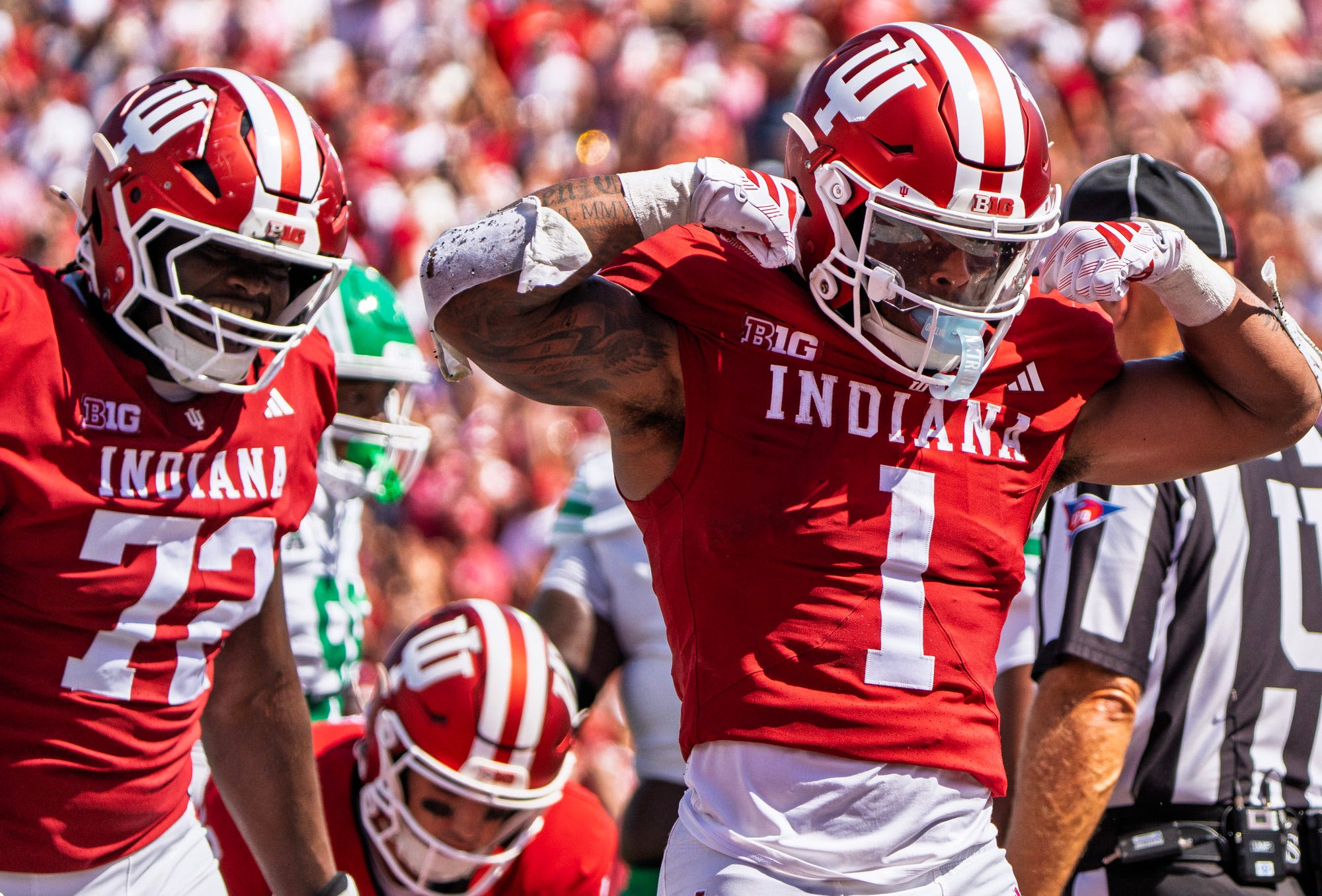 Indiana's Turbo Richard (1) scores as he is featured in our Ohio State vs. Indiana touchdown pick.
