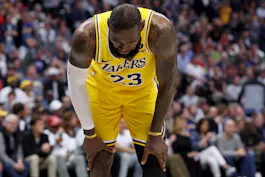 LeBron James (23) of the Los Angeles Lakers gathers himself as we explore the latest LeBron James next team odds and predict where he might sign in NBA free agency ahead of the 2024-25 season.